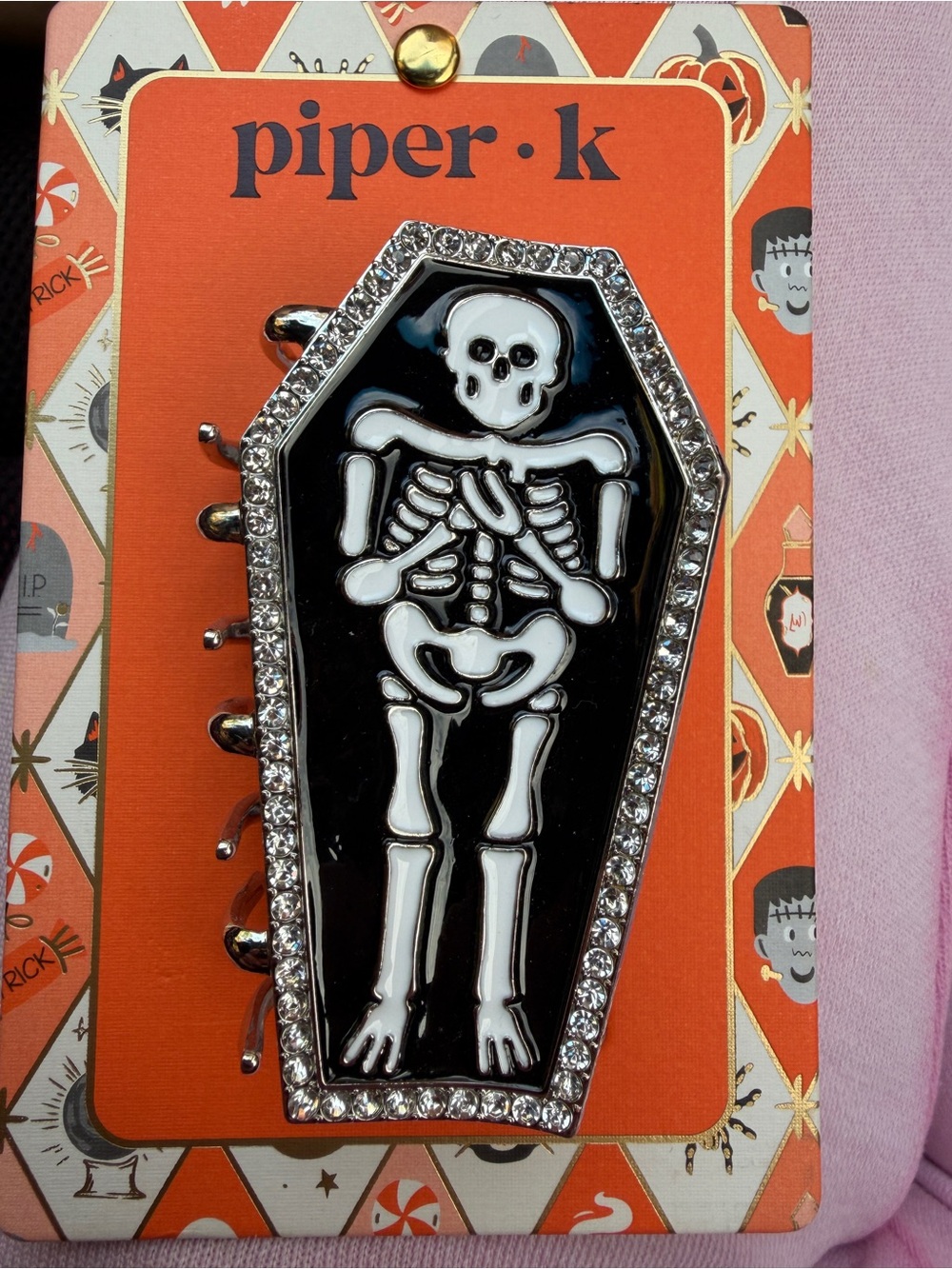 piper·k Black Coffin Skeleton Hair Clip with Rhinestone Edge